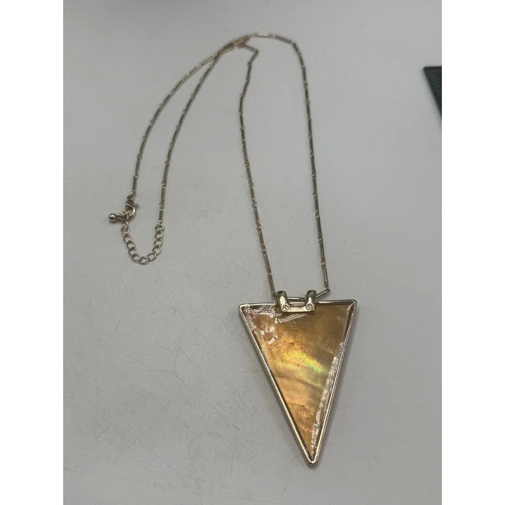 Gold Tone Large Triangle Iridescent Amber Shell Inlay Statement Necklace